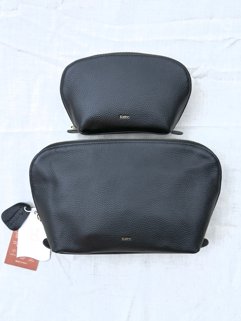 Kattee Black Pebbled Leather Travel Cosmetic Zip Pouch Set - 2 Pieces